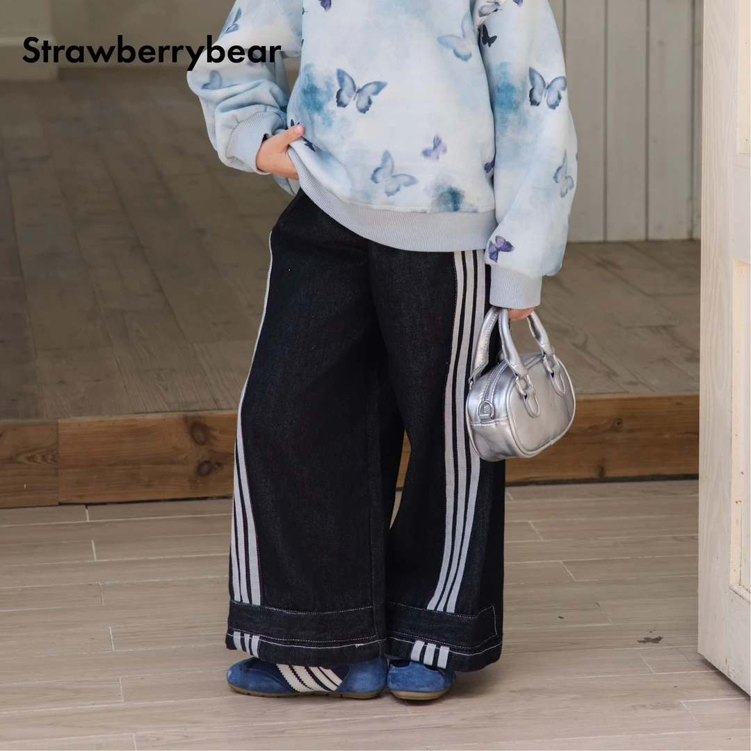 草莓熊Strawberrybear新款儿童草莓熊休闲宽松百搭牛仔长裤阔腿裤