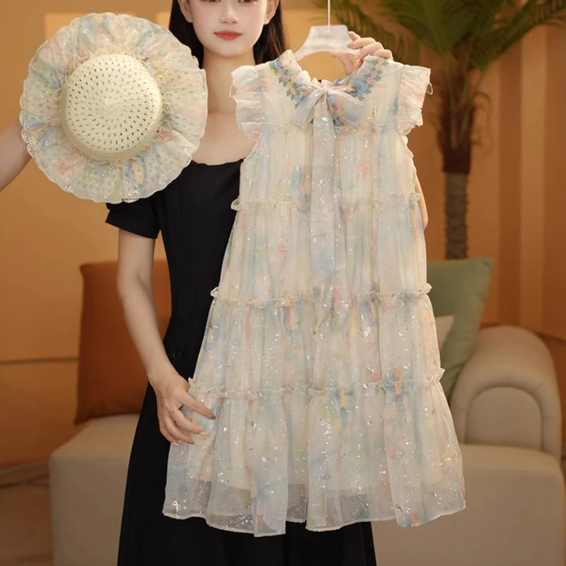 女童连衣裙2025新款夏季海边沙滩公主裙儿童夏装飞袖碎花背心裙子