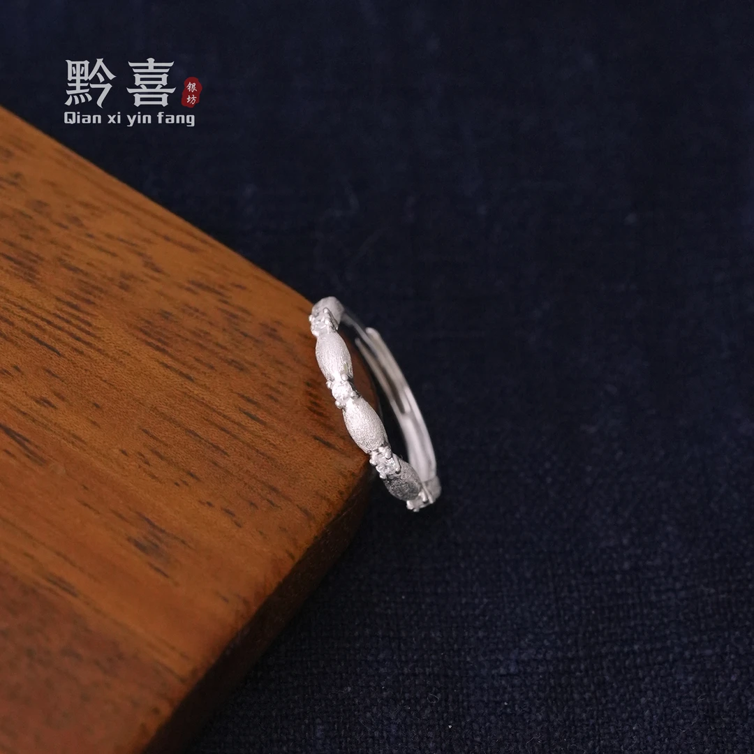 足银莫桑石戒指 【拉丝小米戒指】黔喜银坊可调节韩式中古ins小众