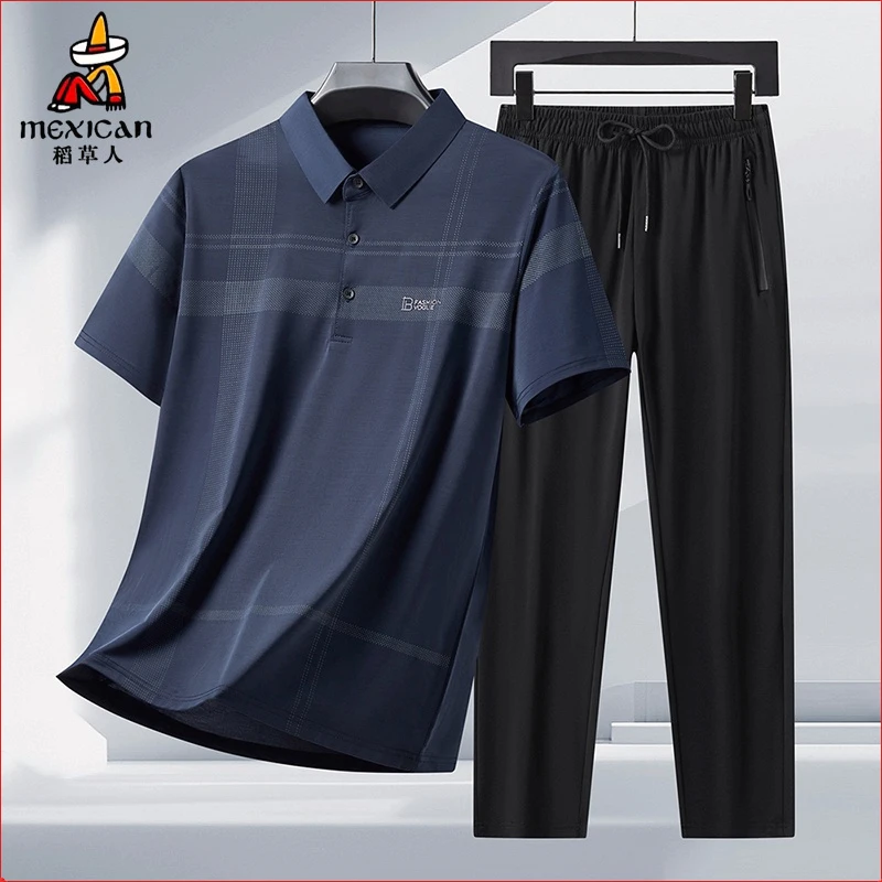 Mexican/稻草人冰丝夏装套装男短袖休闲无痕速干爸爸中老年套装薄