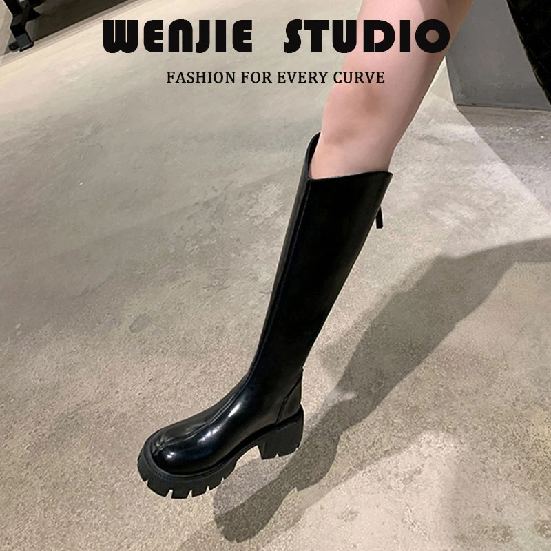 厚底粗跟骑士靴2025年新款胖mm拉链v口高筒靴不过膝靴子大码