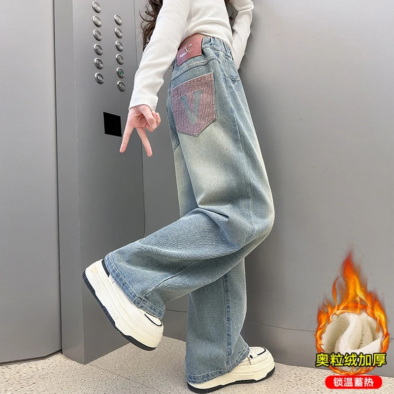女童加绒裤子秋冬新款儿童休闲裤冬季加厚阔腿裤女孩一体绒牛仔裤