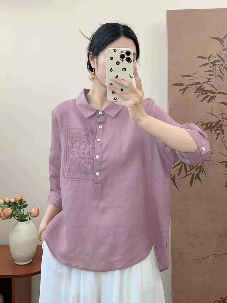 复古纯色百搭显瘦夏季女款设计感翻领宽松休闲衬衫时尚减龄遮肉女