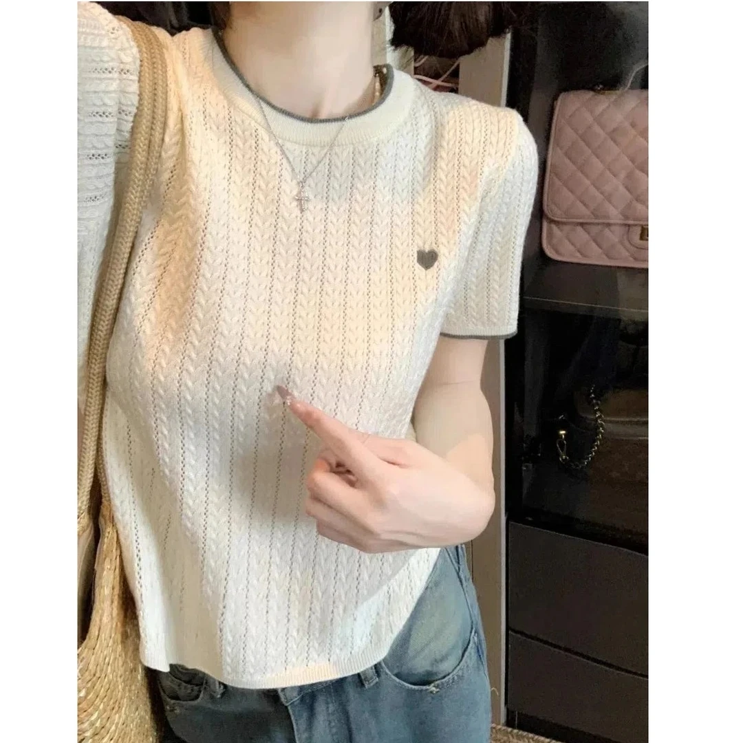 正肩针织短袖t恤女2025夏季新款撞色圆领刺绣短款内搭打底衫上衣