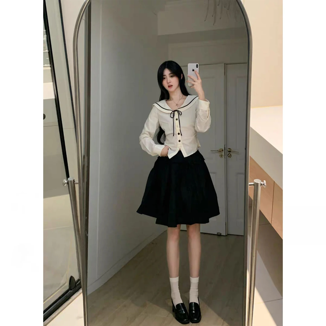 秋季设计感收腰显瘦气质米白色海军领不规则长袖打底衫衬衫上衣女