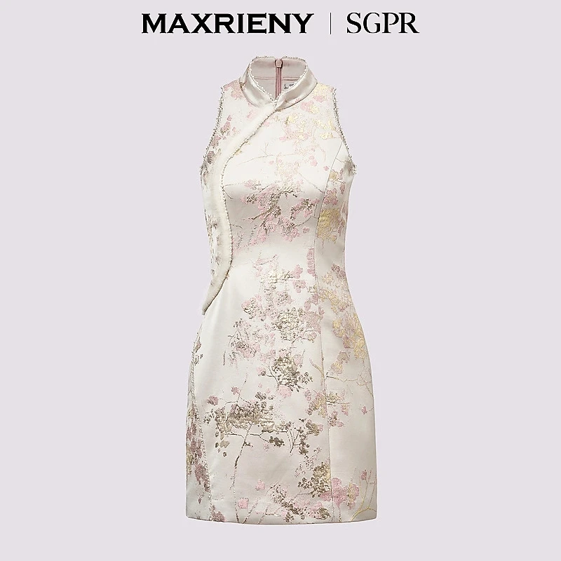 MAXRIENY气质新中式夏季复古碎花连衣裙2025秋冬新款提花挂脖裙子