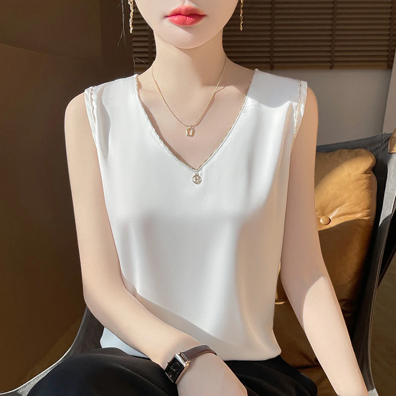 2025夏季款吊带背心女V领纯色缎面无袖T恤打底衫高级感薄西装内搭