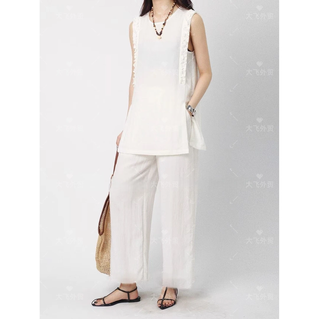 【天丝亚麻&开叉木耳边两件套】开叉背心高腰亚麻直筒裤两件套DF235