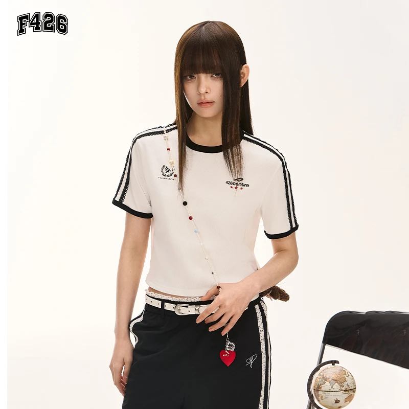 F426国潮2025夏季新款美式复古蕾丝短袖T恤户外运动休闲上衣6659