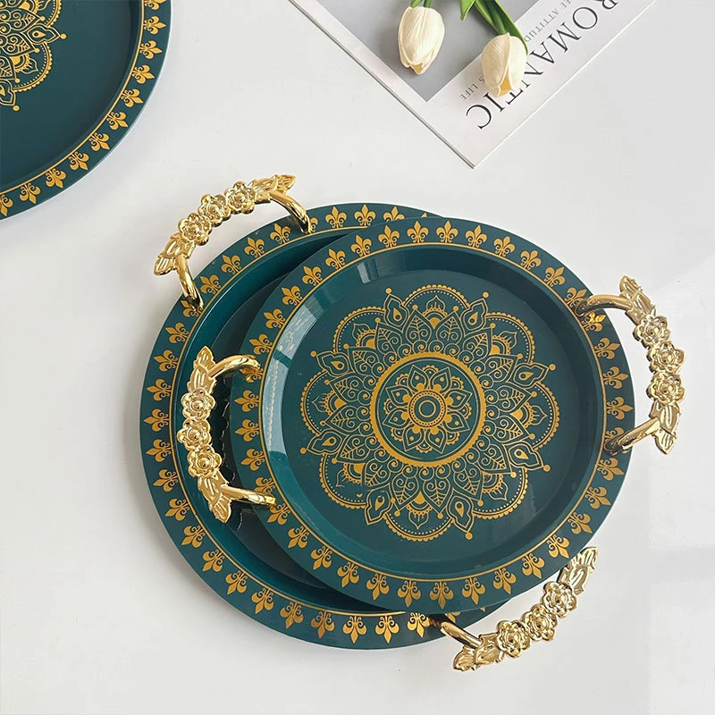 【西藏包邮】圆形烫金绿色托盘北欧轻奢果盘茶盘托盘欧式盘子