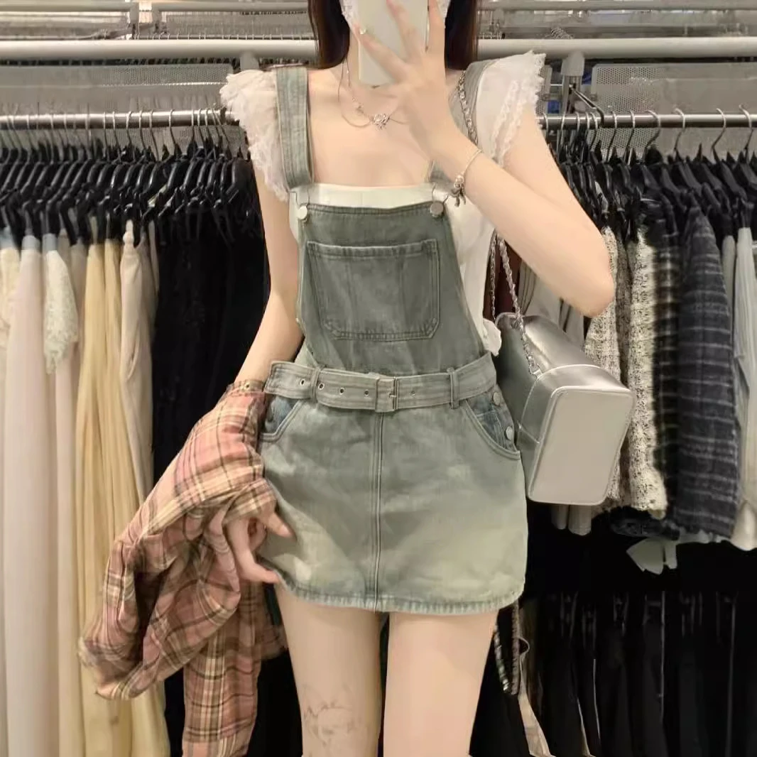 夏季短裙子a字新款显瘦修身遮胯包臀女连衣牛仔小个子背带裙裤潮