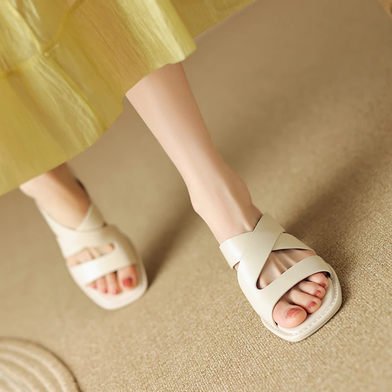 意大利纯羊皮真皮一字拖鞋女2025新款夏天穿裙子高跟鞋子粗跟百搭