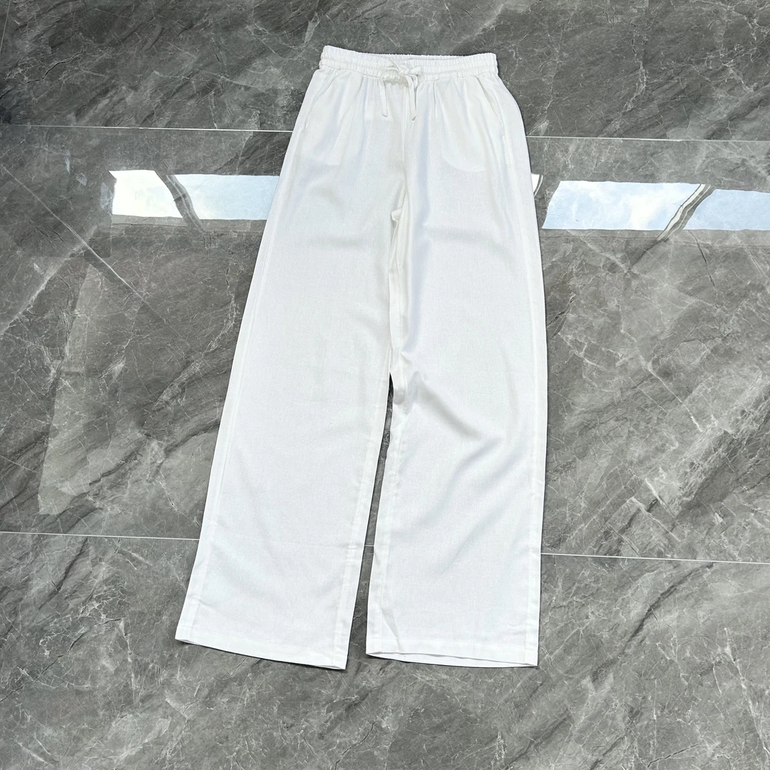 【外贸剪标】白色棉麻抽绳直筒裤女  高腰休闲风薄款百搭长裤高级感