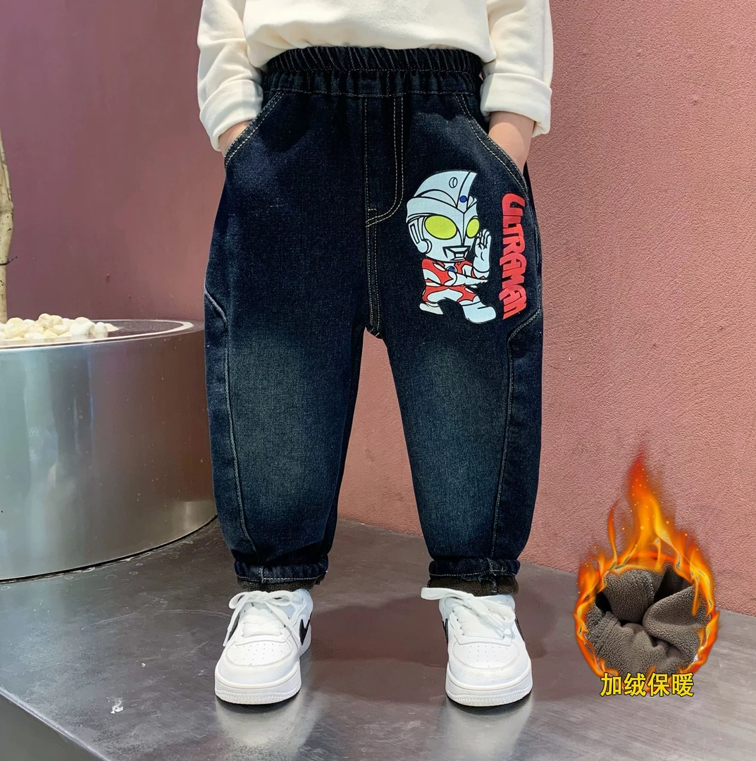 奥特曼男童加绒牛仔裤加厚一体绒裤子2025新款小宝宝冬季保暖长裤
