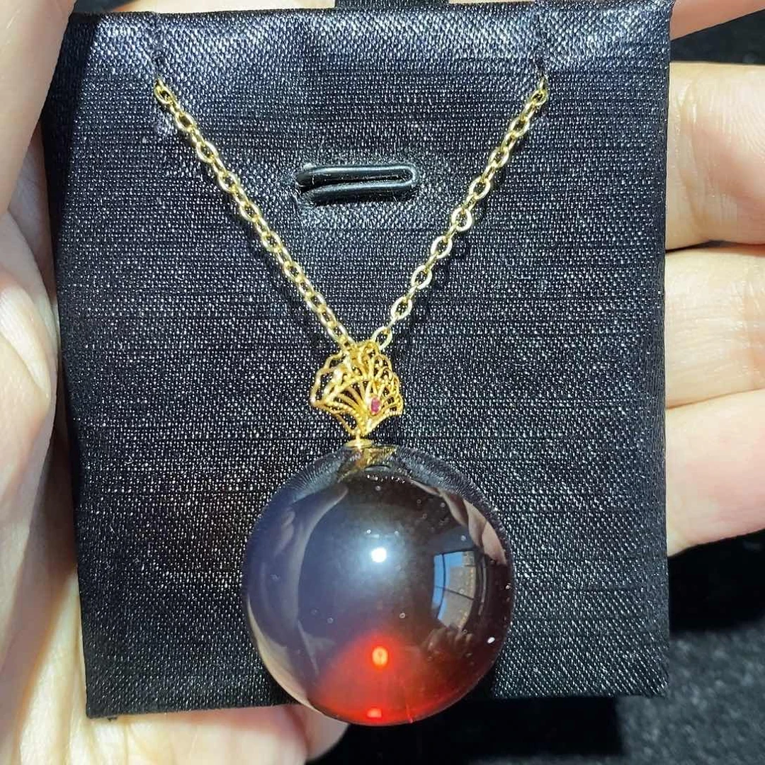 蓝珀18K金镶嵌珠宝奇石21单珠吊坠红蓝