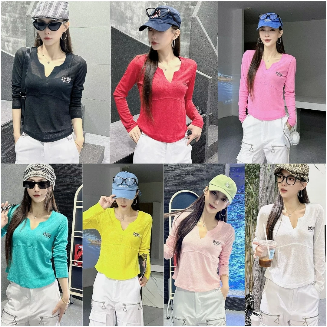 NH9591#秋季新款V领竹节纱长袖时尚百搭上衣显瘦