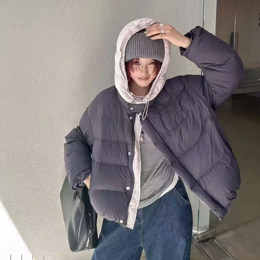 连帽短款石墨烯云绒女冬季韩版宽松加厚保暖撞色拉链外套