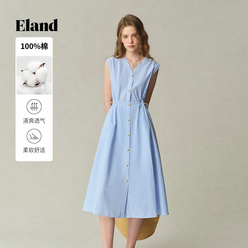 Eland衣恋夏季新款高知感X型金属扣条纹无袖连衣裙女EEOWF25M01