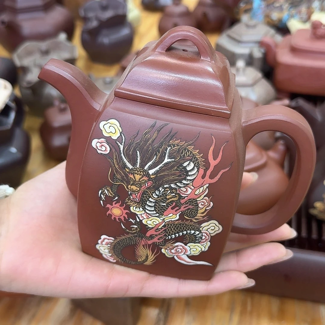 紫砂茶壶紫砂壶泥绘汉方400cc