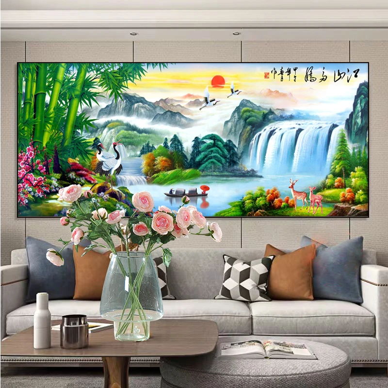 新款钻石画江山多娇山水风景画满钻全贴魔方圆钻石画卧室客厅贴钻