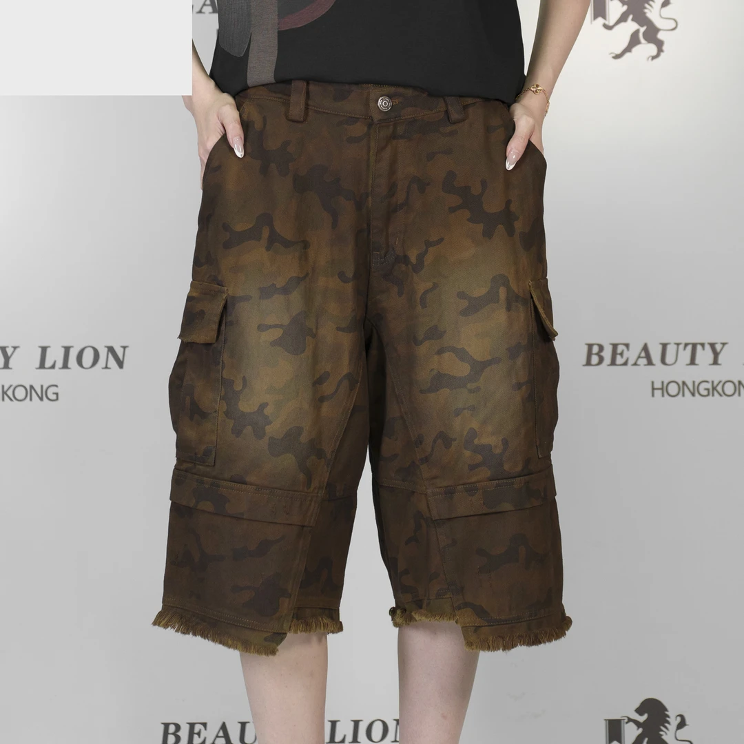 2025H·K美狮潮牌时尚夏季港风迷彩拼接百搭休闲短裤