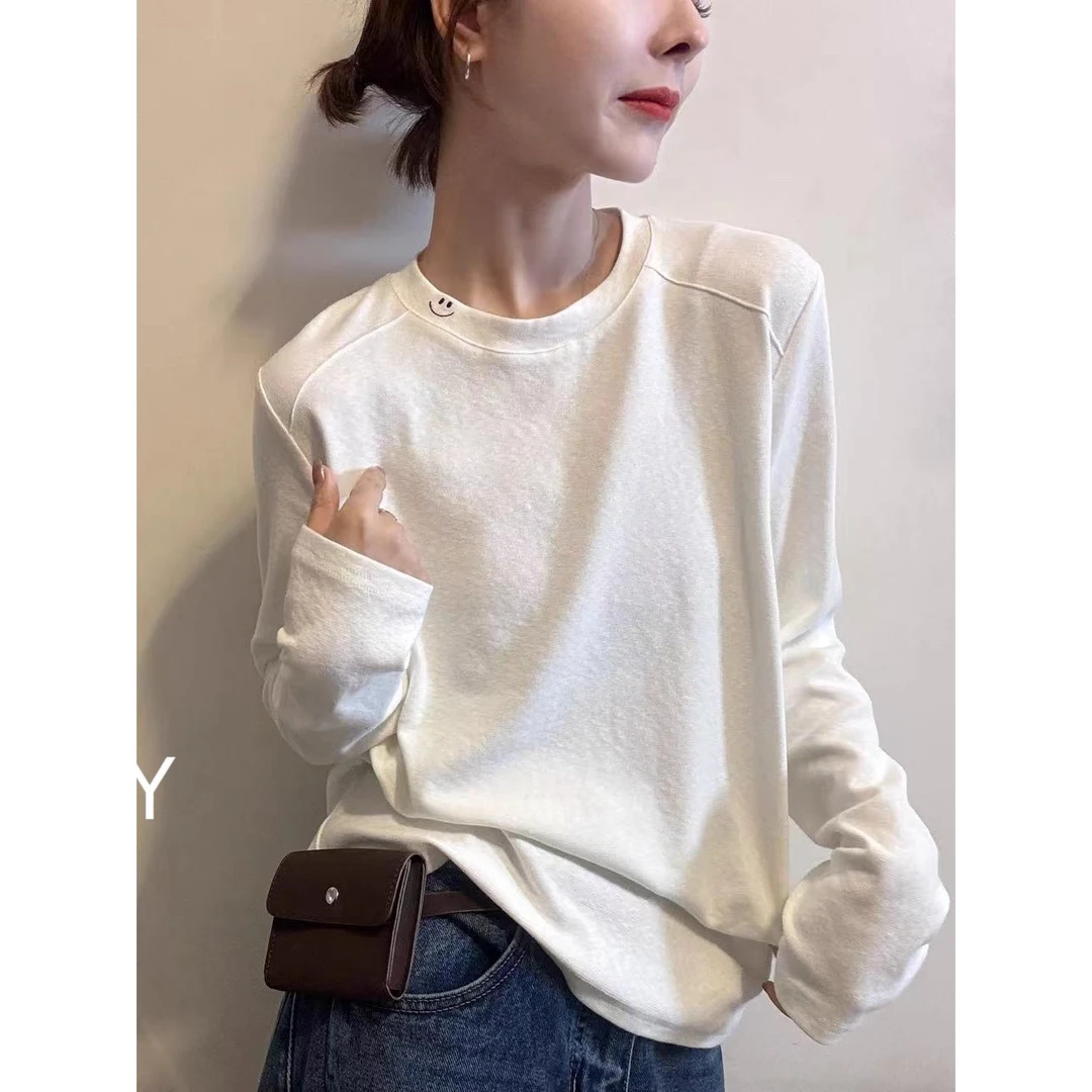 基础款长袖T恤衫女欧洲站2025秋季时尚领口刺绣笑脸宽松打底上衣