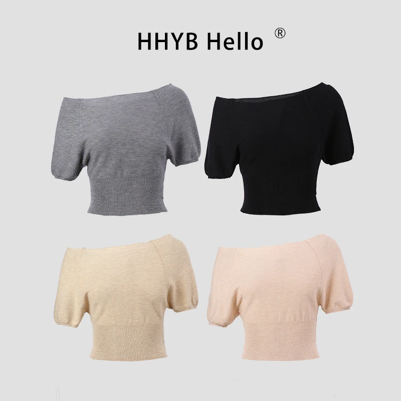 HHYB Hello2025夏季斜肩袖宽松针织上衣百搭轻奢感休闲套头M1311