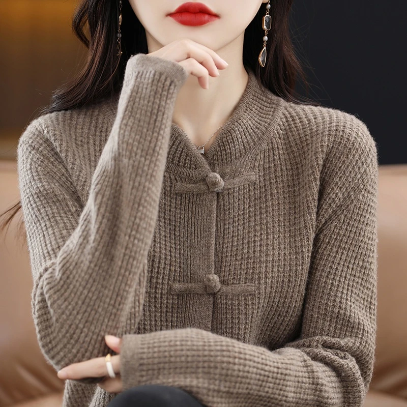 国风盘扣开衫女羊毛针织外套立领中式长袖上衣YM102