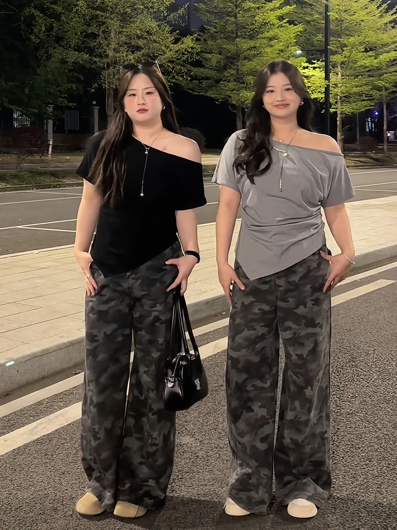 特大码女款女装迷彩牛仔裤女胖mm收腰显瘦水洗阔腿裤裤子女
