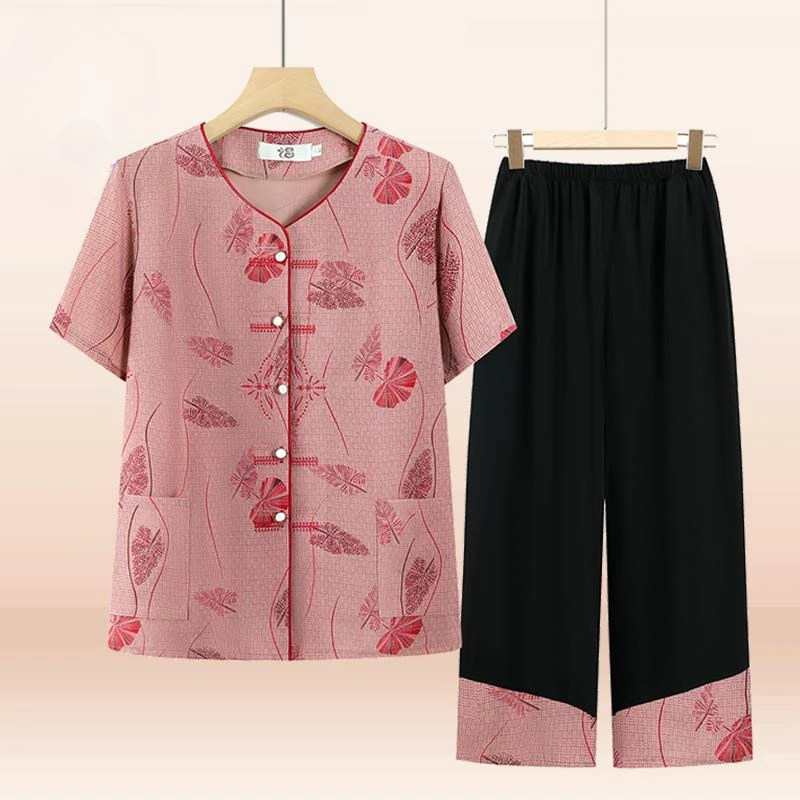 俞兆林中老年人夏装女奶奶装短袖套装60岁70妈妈装老太太衣服两件