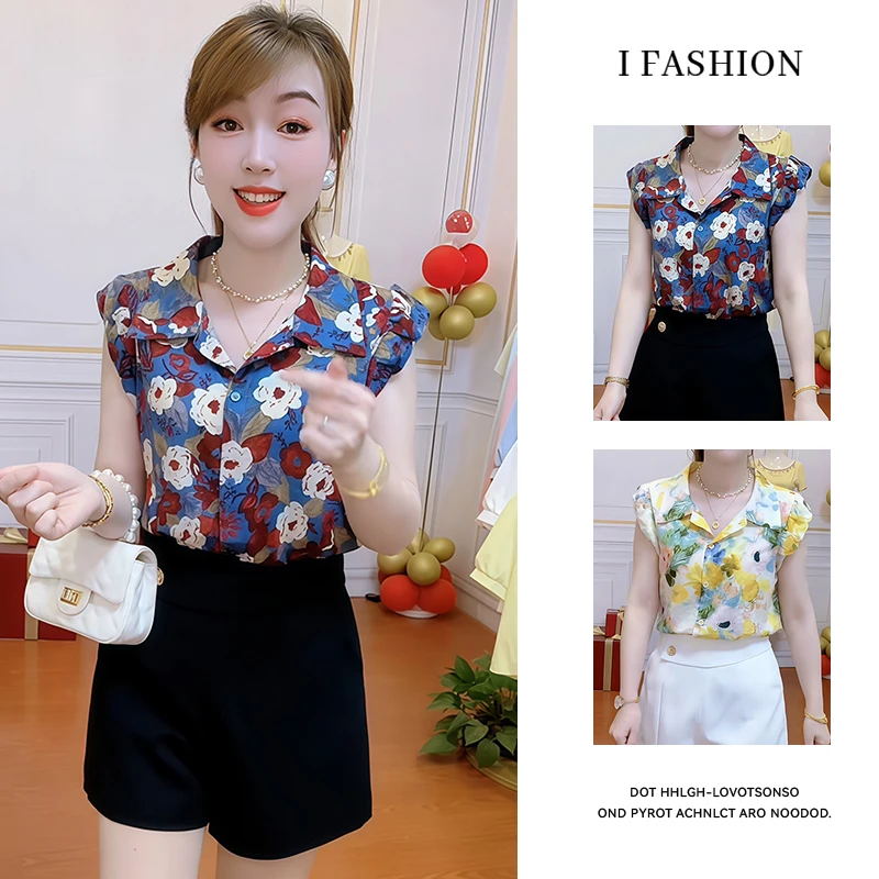 休闲无袖碎花衬衫女2025夏季新款高级感轻奢减龄洋气漂亮雪纺小衫