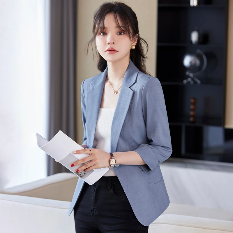 蓝色七分袖夏季西装外套女士正装小个子薄款高级感休闲通勤西服