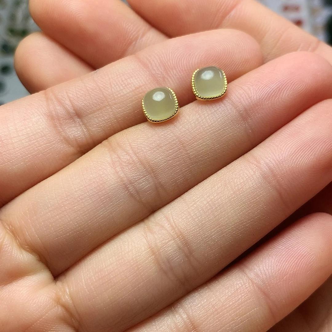 银S925镀金镶嵌和田玉（青白玉）耳饰大**泽