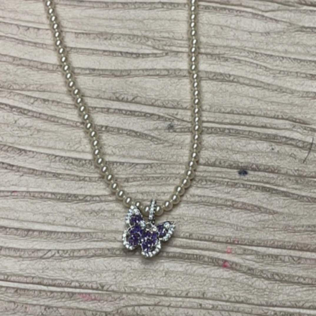 铜合金项链 24899 紫色石蝴蝶珠珠项链 银色底