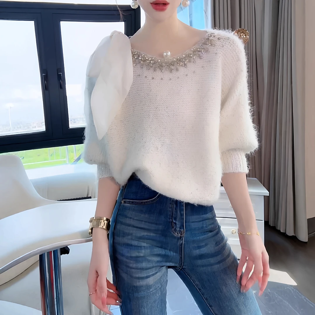 重工镶钻韩版针织衫女2025秋季新款蝴蝶结绑带高级感毛衣百搭上衣
