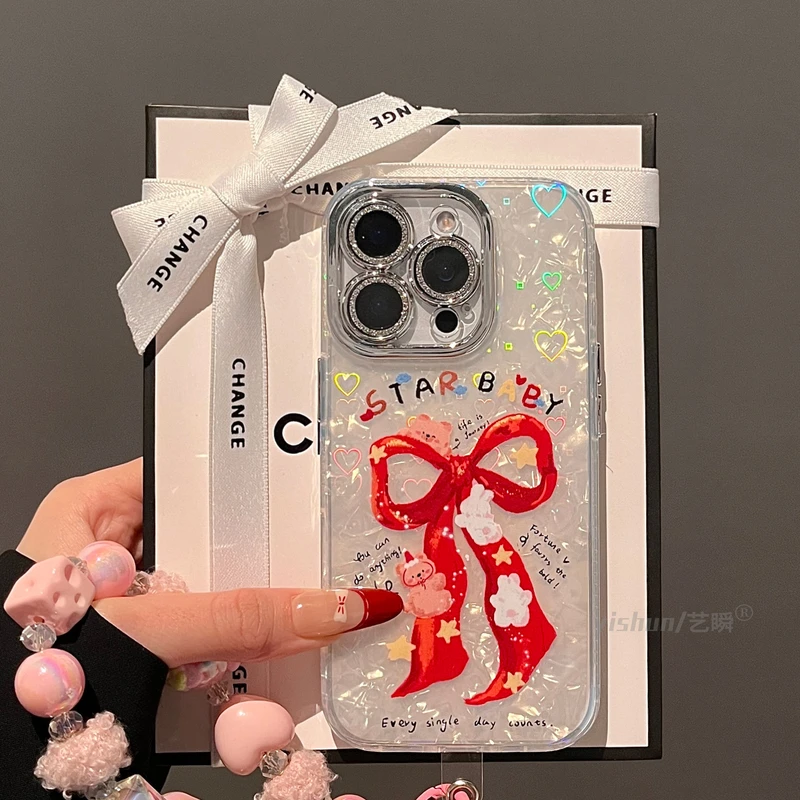 可爱小熊兔子红色蝴蝶结15适用苹果16promax手机壳贝壳纹iphone16