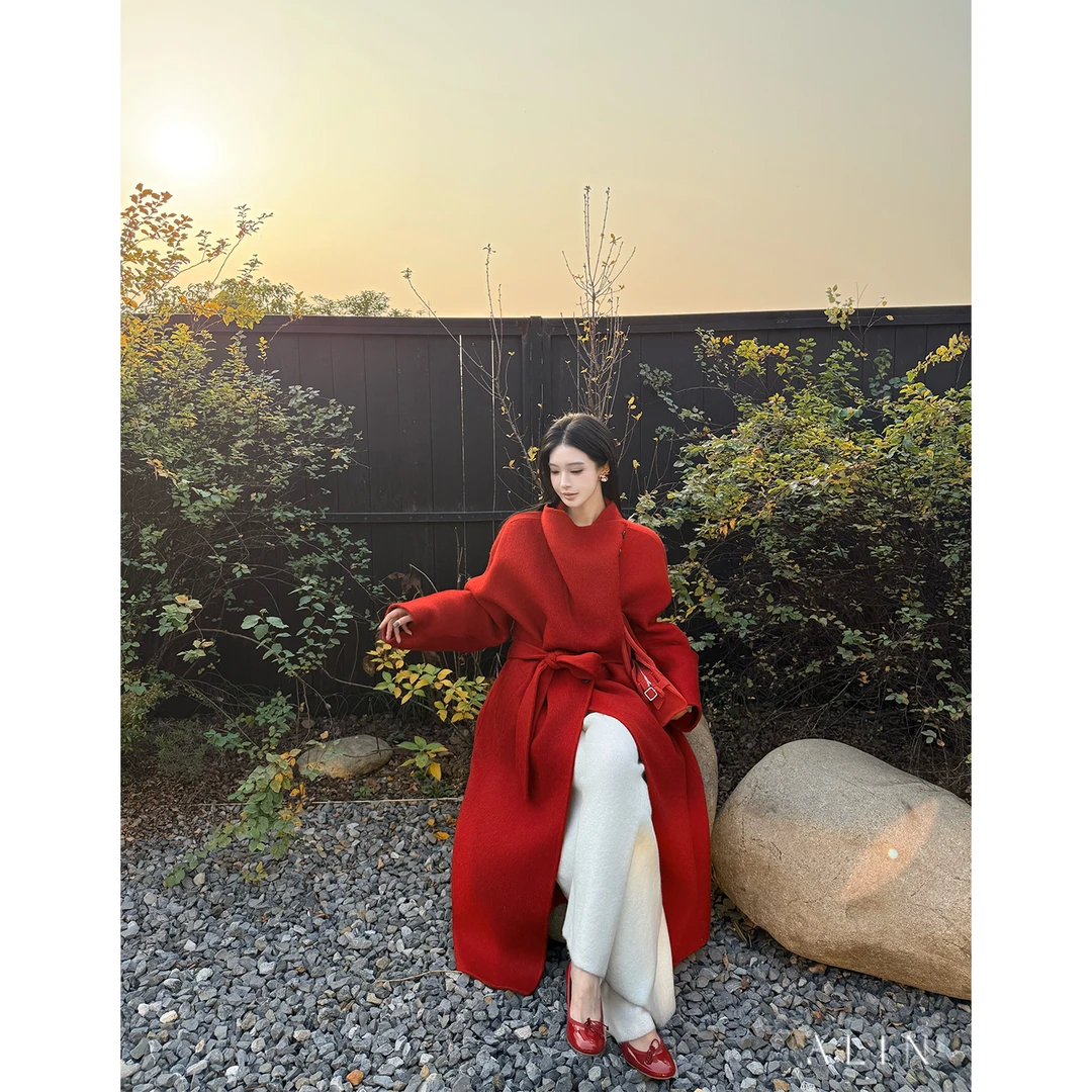 ALIN【岁岁暖】80羊毛+10桑蚕丝+10兔毛大衣围巾双面呢外套AL5PMD28