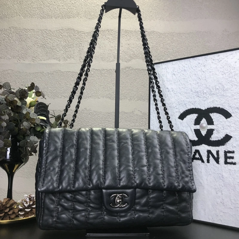 95新 Chanel/香奈儿 so black泡芙外缝线竖纹CF机场包 长25 15开