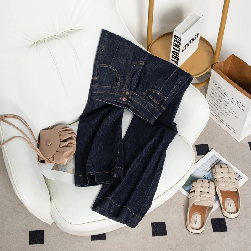 高腰不贴腿微喇阔腿牛仔裤女2025早秋新款宽松显高显瘦裤子单宁色