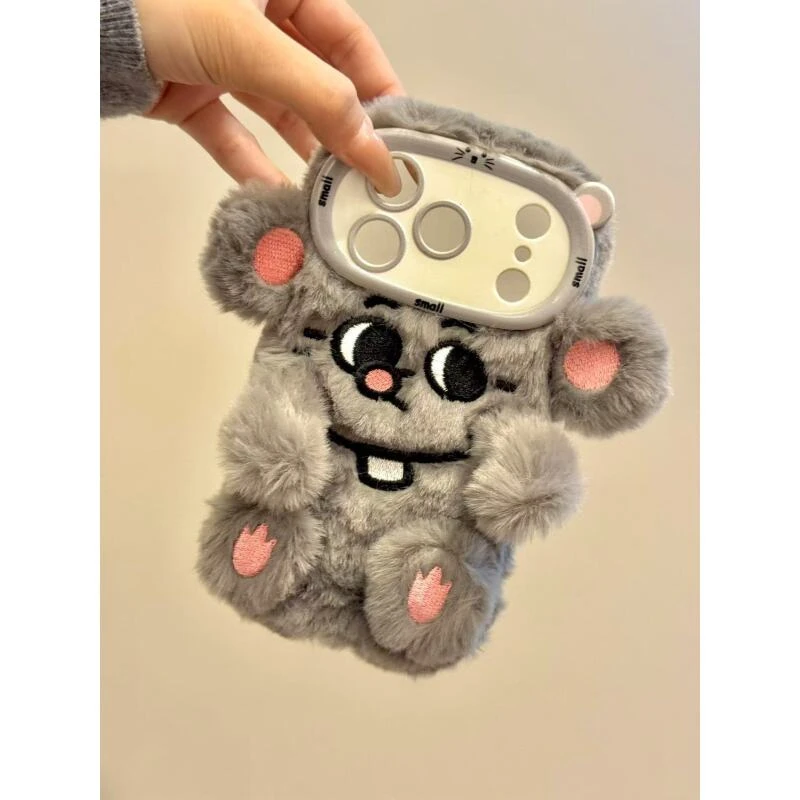 软萌可爱毛绒灰色大鼠适用于iphone17promax苹果16pro手机壳15p14