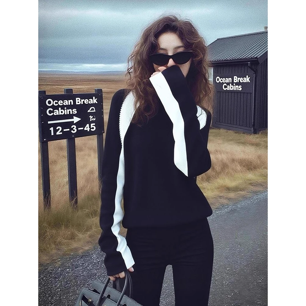 2025冬季小众不撞款上衣高级感超好看的软糯慵懒风黑白拼接毛衣女