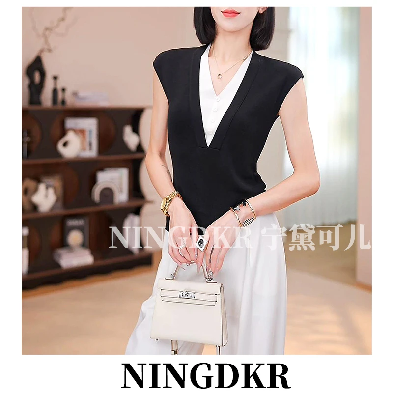 宁B40662法式轻熟风V领拼色假两件针织衫女气质设计感修身上衣