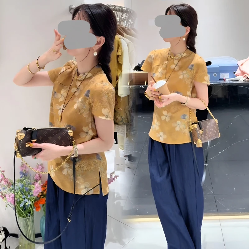 2025夏季新款新中式国风复古印花短袖衬衫女阔腿裤休闲气质两件套