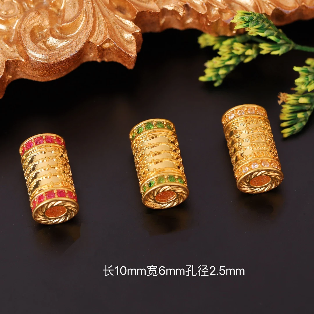 【来福工厂】18k金豪镶红绿宝五条经文藏式桶珠隔珠路路通配饰配件