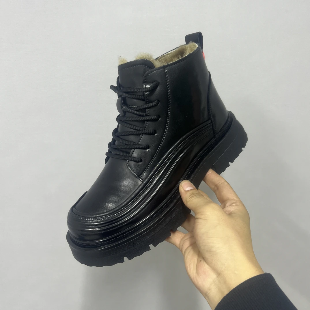 马丁羊毛加厚男士百搭黑色厚底加绒冬季圆头真皮高帮时尚男鞋