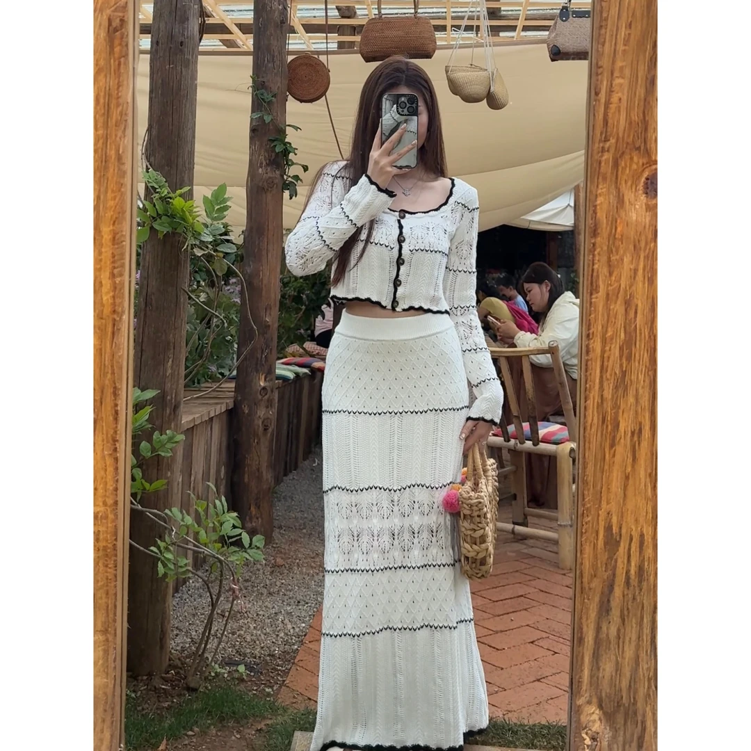 甜美温柔风针织上衣裙子两件套女2025早秋新款气质显瘦包臀裙套装