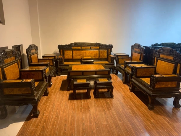 金丝楠阴沉配缅甸黄金樟实木沙发财源滚滚十三件套古典红木家具