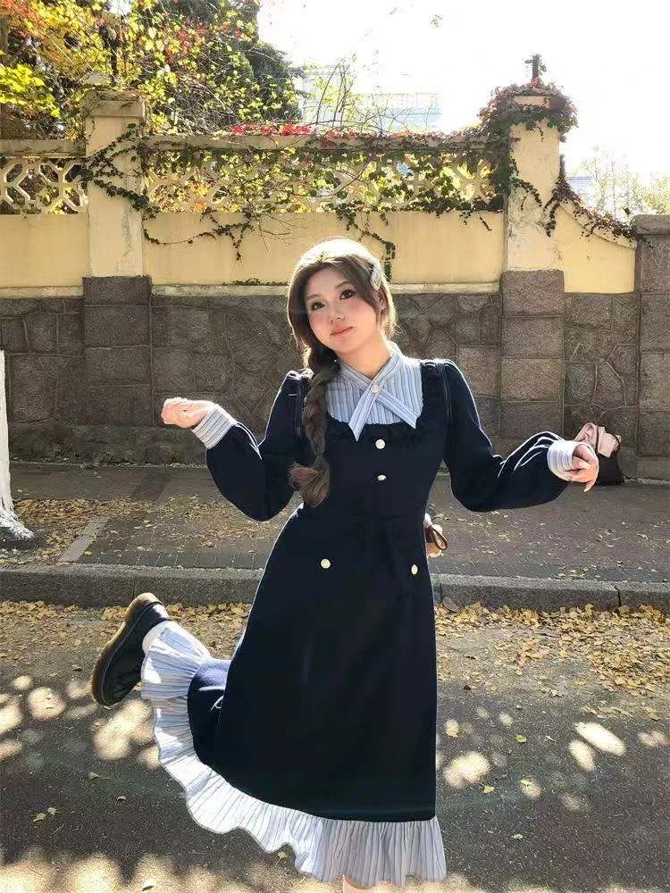 【比格兰早课】新款学院风减龄条纹拼接设计长裙