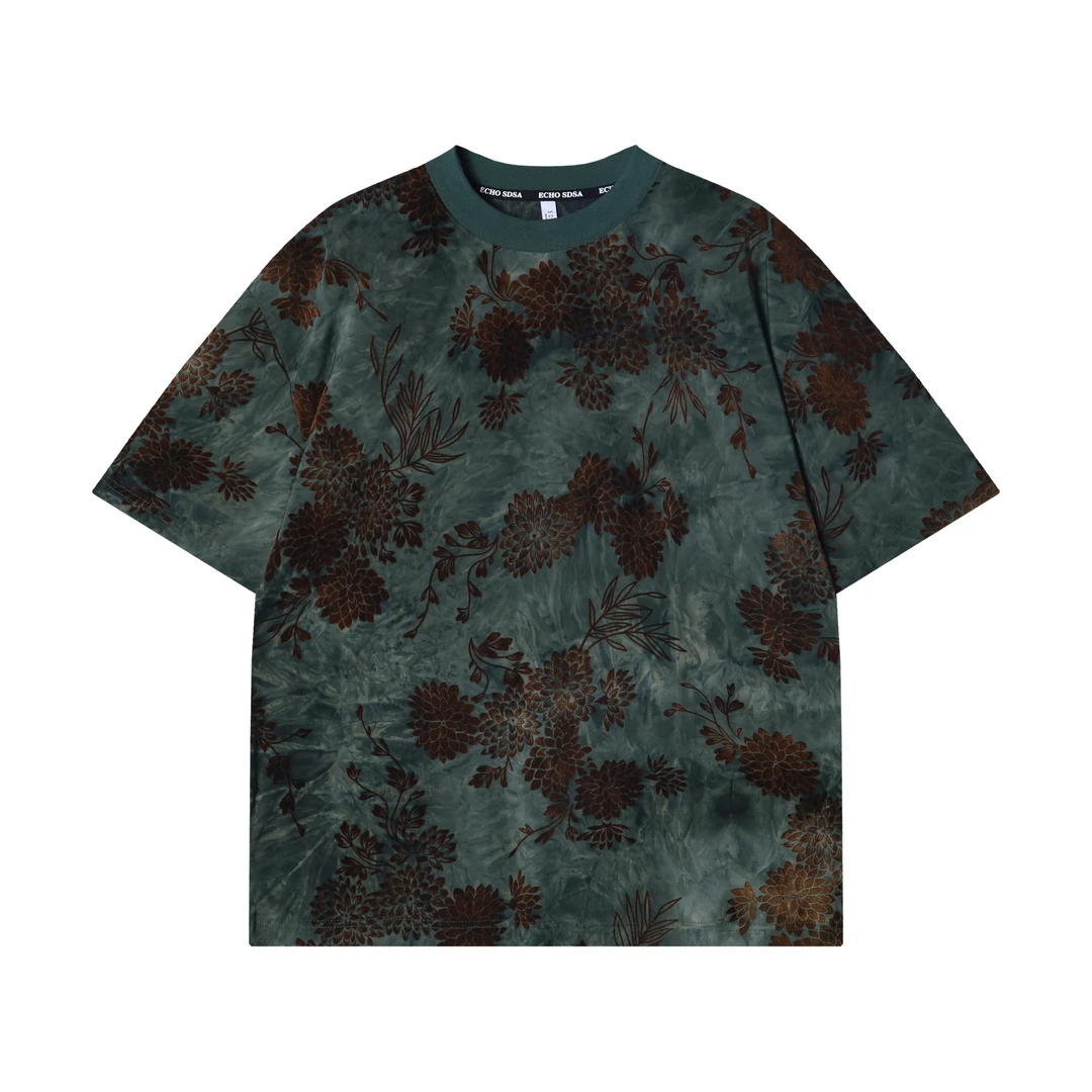 夏季高级感新款国风绒面花卉印花圆领短袖T恤复古休闲上衣