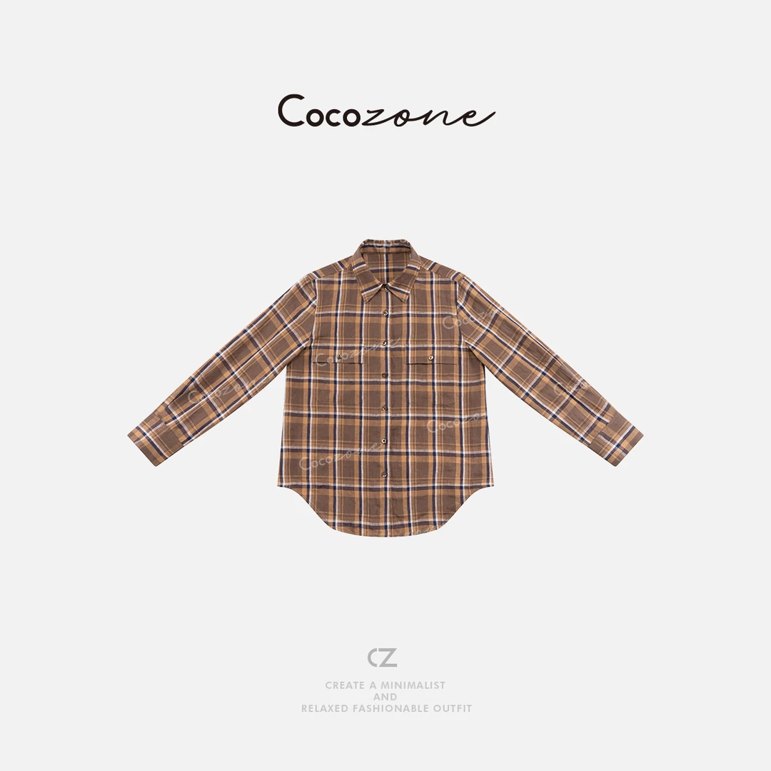 COCO ZONE 刘一一100亚麻复古格纹撞色翻领长袖衬衫CD2A0749